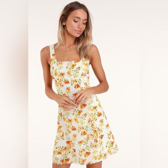 Lulu’s Day Date White and Orange Floral Print Tie-Back Dress - Size M - Picture 1 of 9